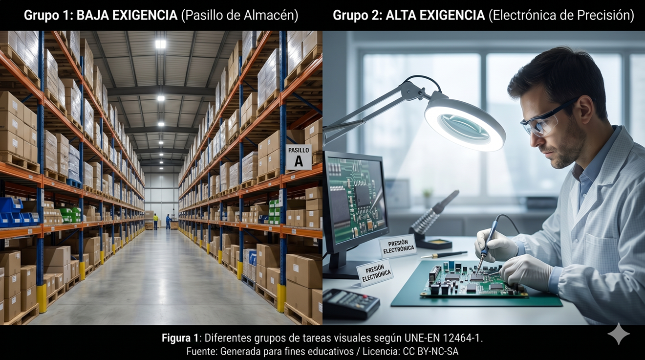 Contraste entre un pasillo de almacén con poca luz y un relojero trabajando con alta iluminación