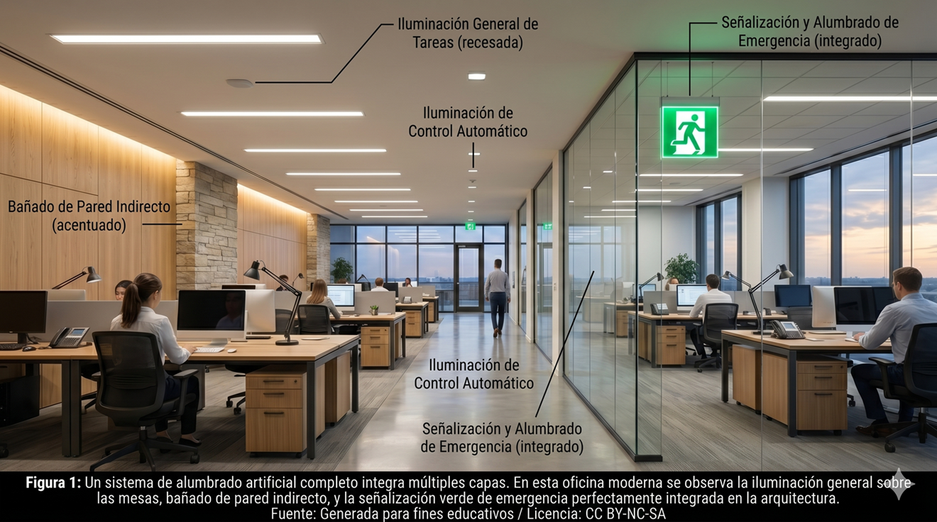 Oficina moderna mostrando alumbrado general, luz arquitectónica de acento y señalización verde de emergencia