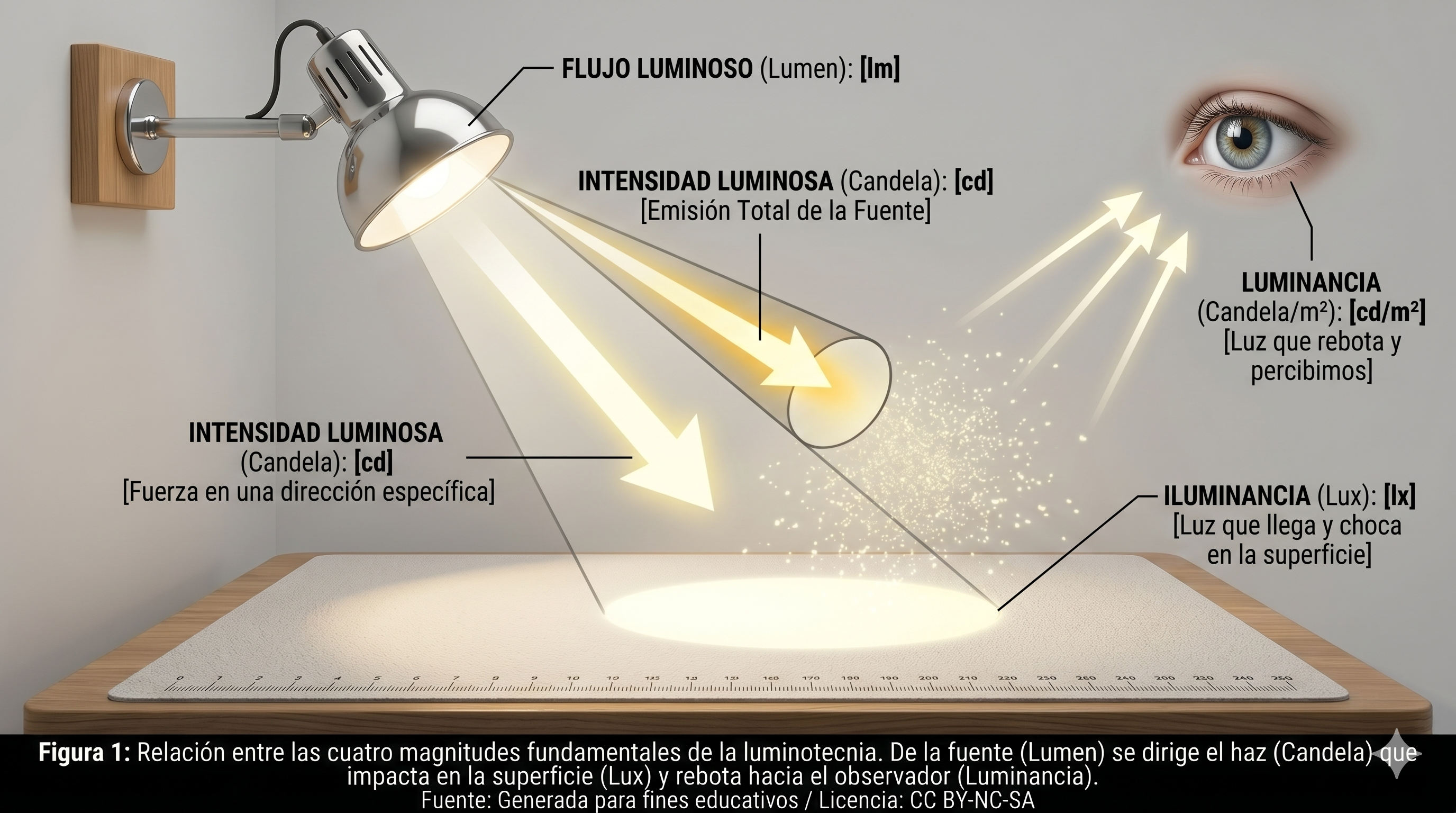 Esquema visual mostrando un foco emitiendo lúmenes, dirigiéndose en candelas, impactando como luxes y rebotando al ojo como luminancia