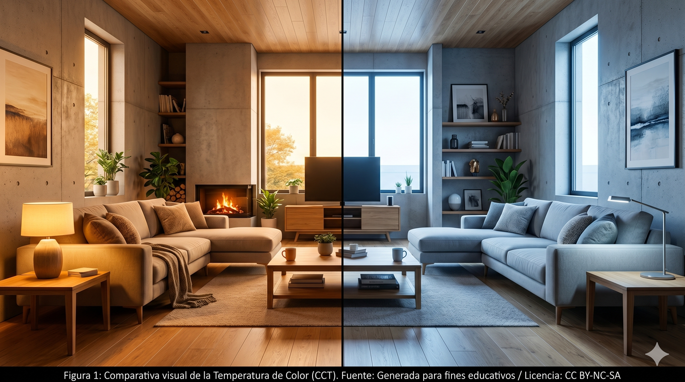 Comparativa de una misma habitación iluminada con luz cálida a la izquierda y luz fría a la derecha