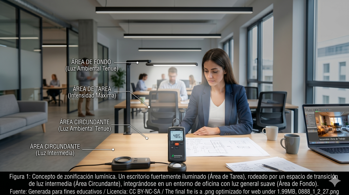 Representación visual de un escritorio dividido en zonas de iluminancia: área de tarea brillante, entorno intermedio y fondo tenue