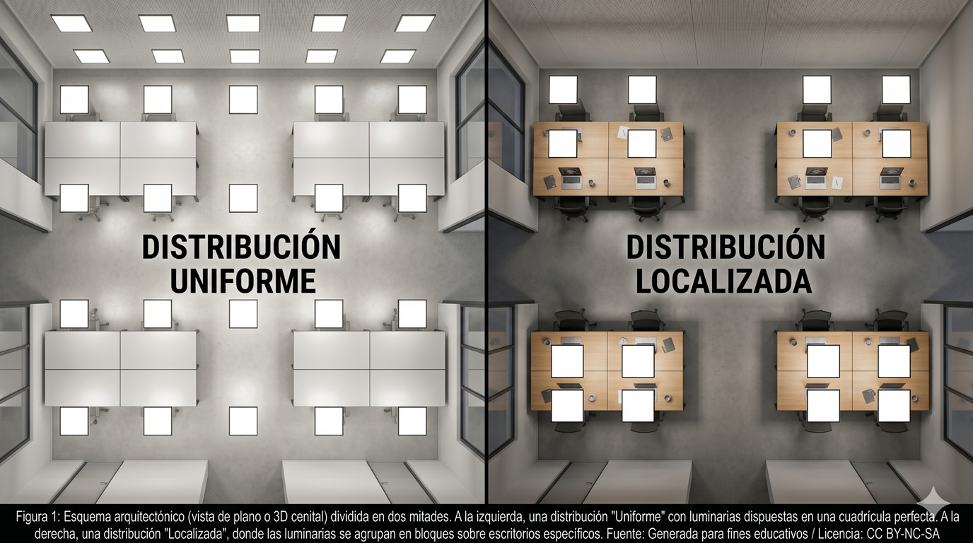 Comparativa en plano de una distribución matricial uniforme vs una distribución agrupada o localizada