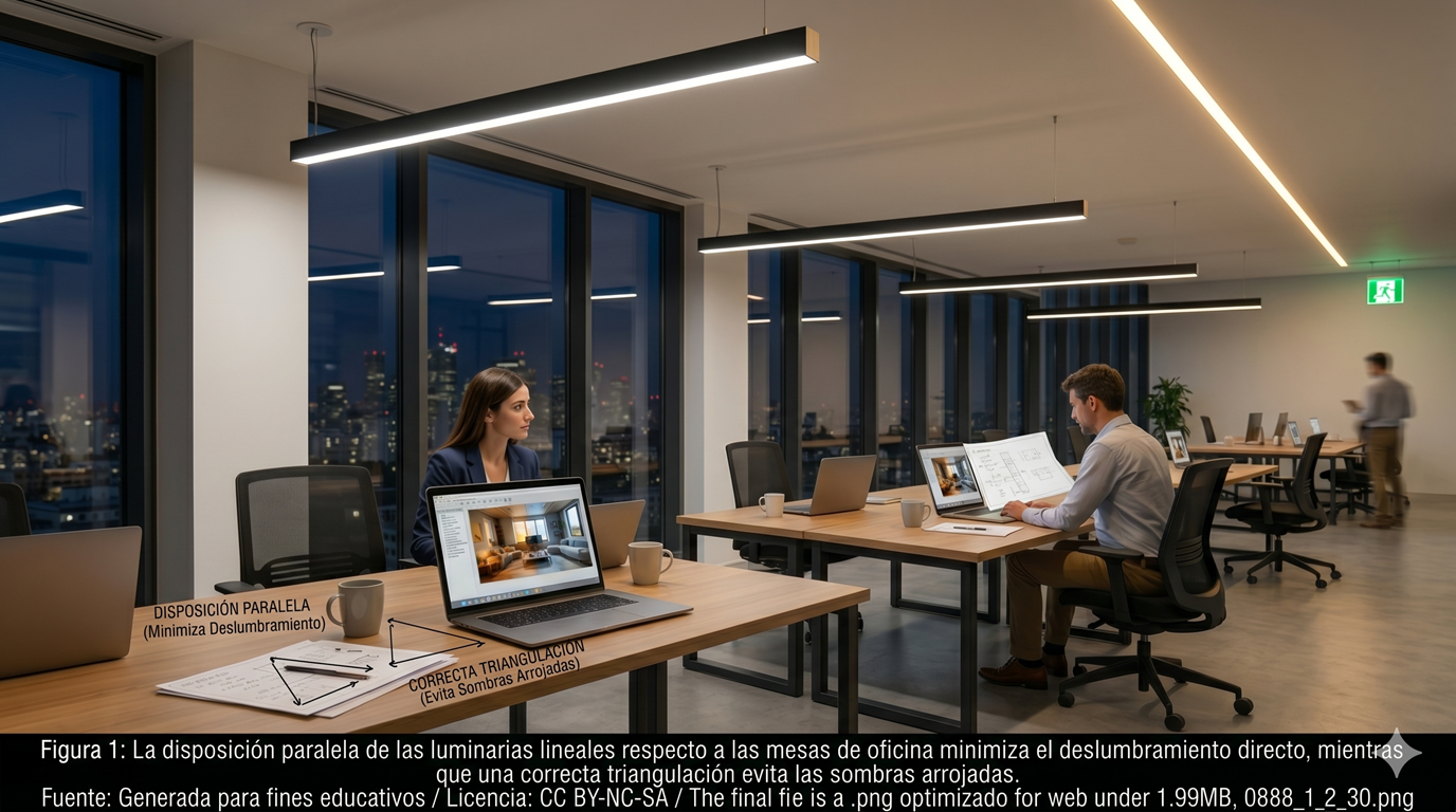 Oficina mostrando luminarias lineales orientadas paralelamente a las mesas para evitar deslumbramiento