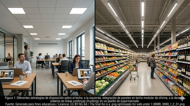 Comparativa visual entre un techo modular de oficina con panel 60x60 y un sistema de línea continua en un pasillo