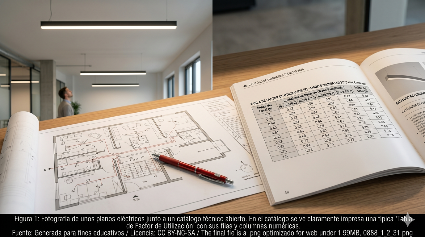 Planos eléctricos y catálogo técnico mostrando una tabla de Factor de Utilización