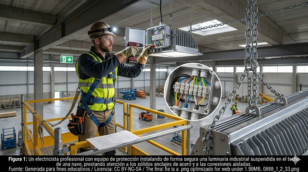 Electricista profesional instalando de manera segura una luminaria industrial con anclajes de acero