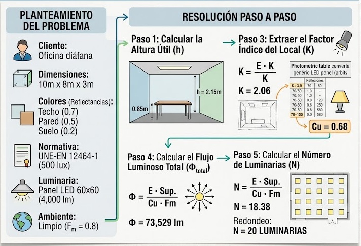 Mesa de ingeniero con planos, calculadora y software DIALux simulando luz en una oficina
