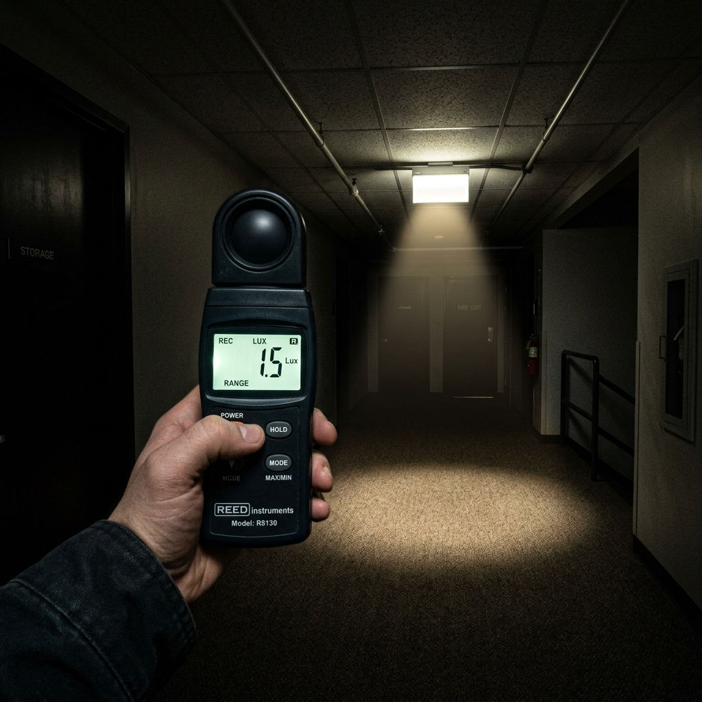 Luxómetro digital en pasillo de oficinas oscuro registrando nivel de luz de emergencia