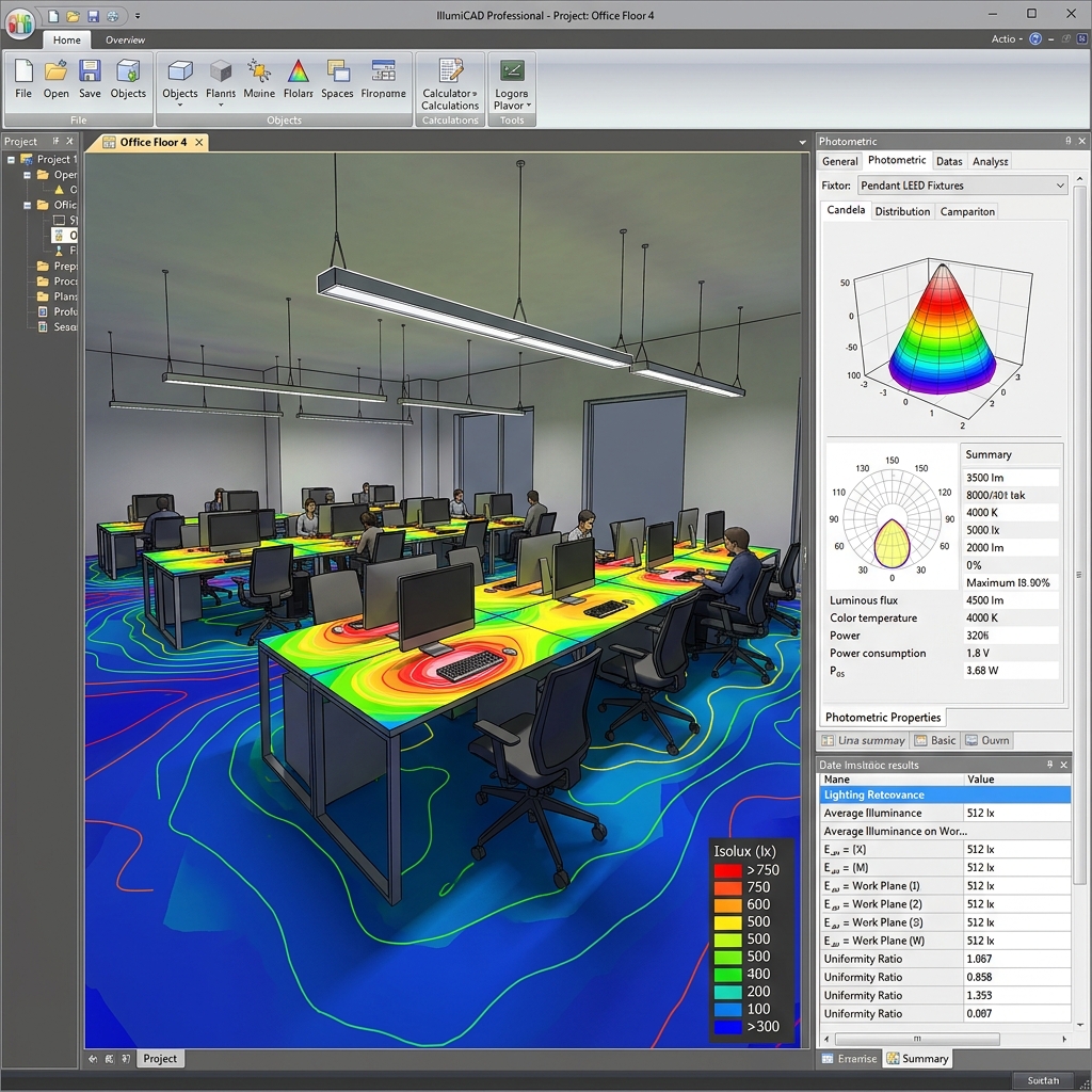 Render 3D de software DIALux con curvas isoluxes de color sobre plano de oficina