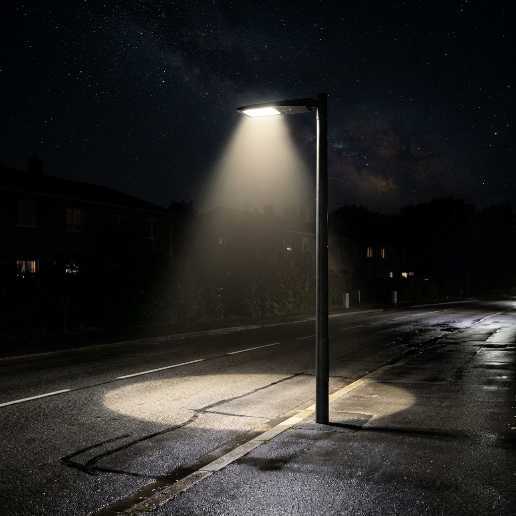 Báculo de alumbrado público con foco LED plano proyectando luz nítida nocturna sobre calzada