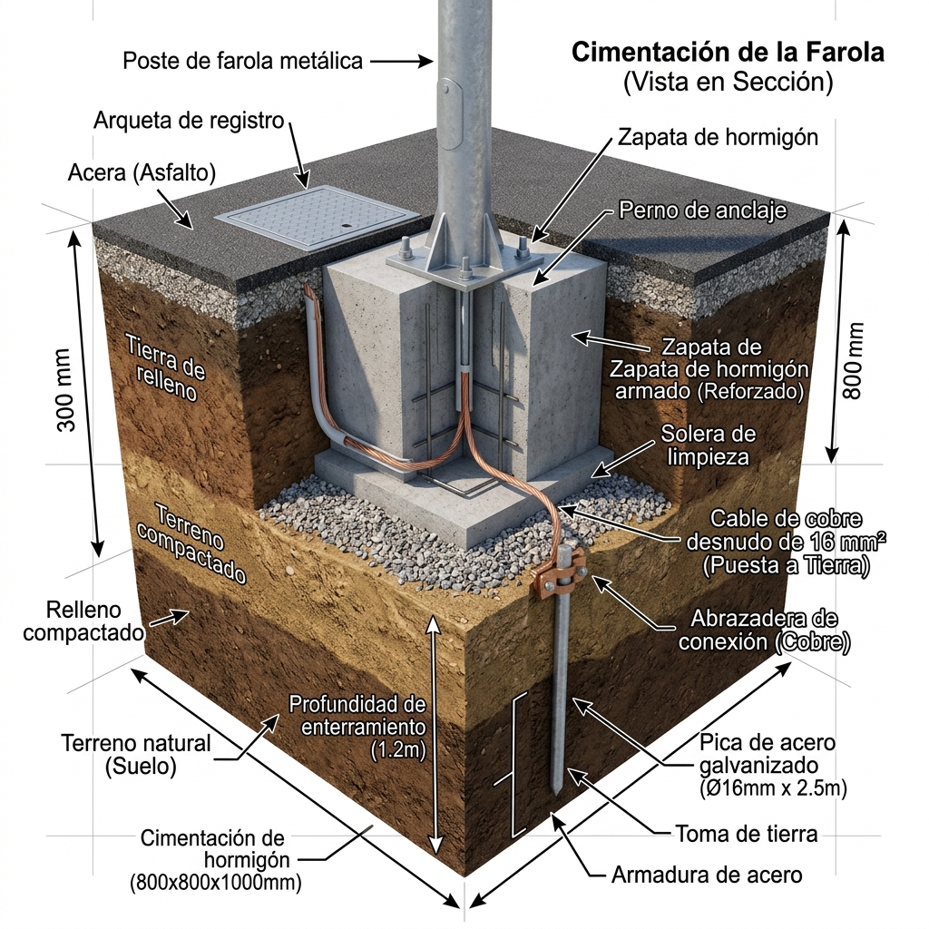 Esquema técnico de puesta a tierra de un báculo metálico con conexión a pica de tierra