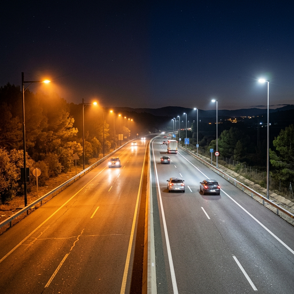 Comparativa nocturna de tramo de calle con luz naranja de sodio y tramo con luz blanca de luminarias LED