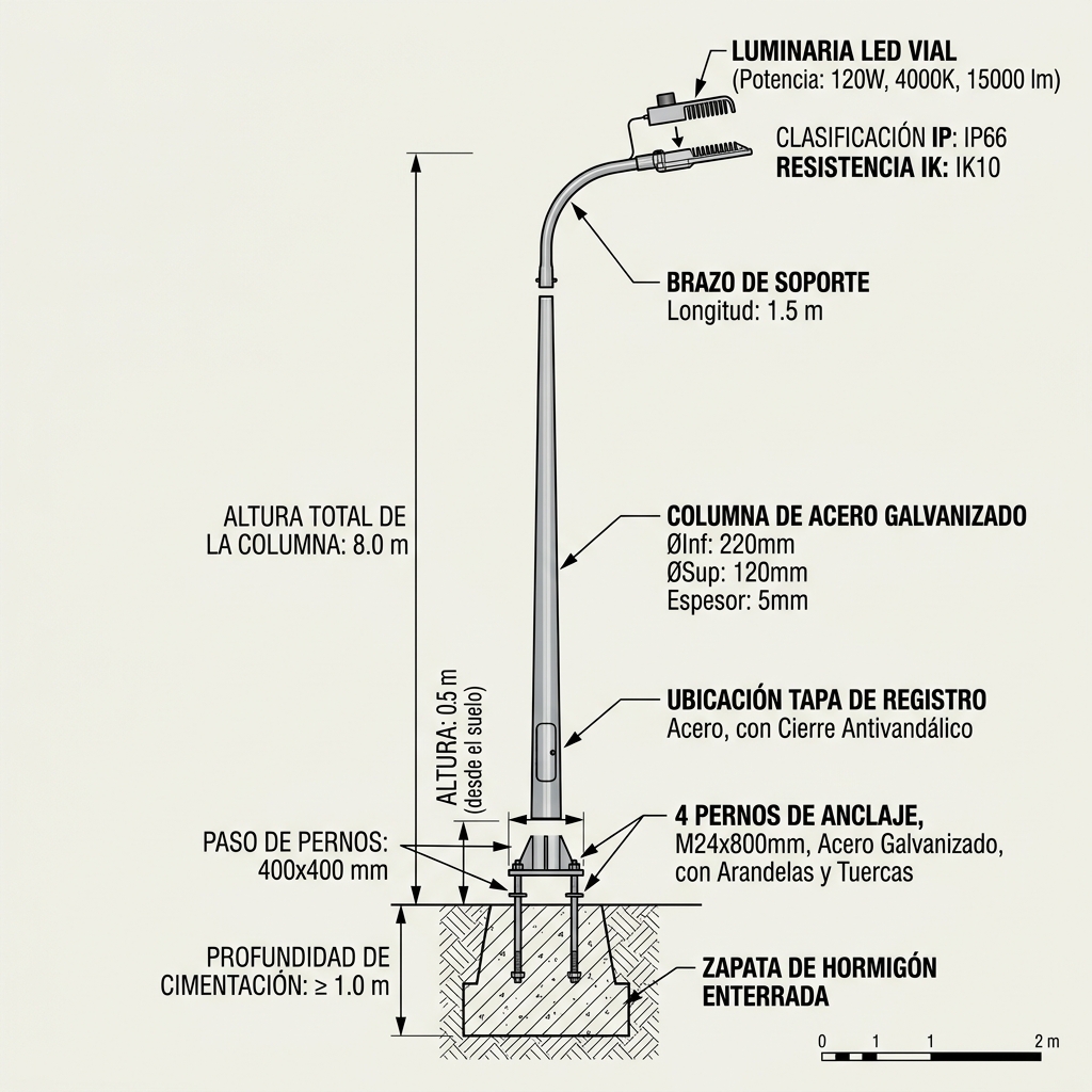 Despiece mecánico de columna de alumbrado con zapata, pernos, caja de conexiones y luminaria IP66/IK10