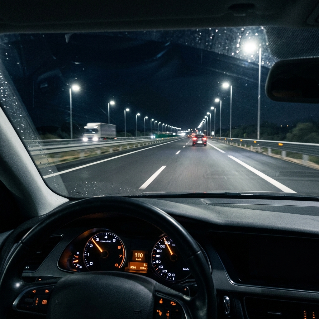 Perspectiva de autopista nocturna perfectamente iluminada con luces viales LED uniformes