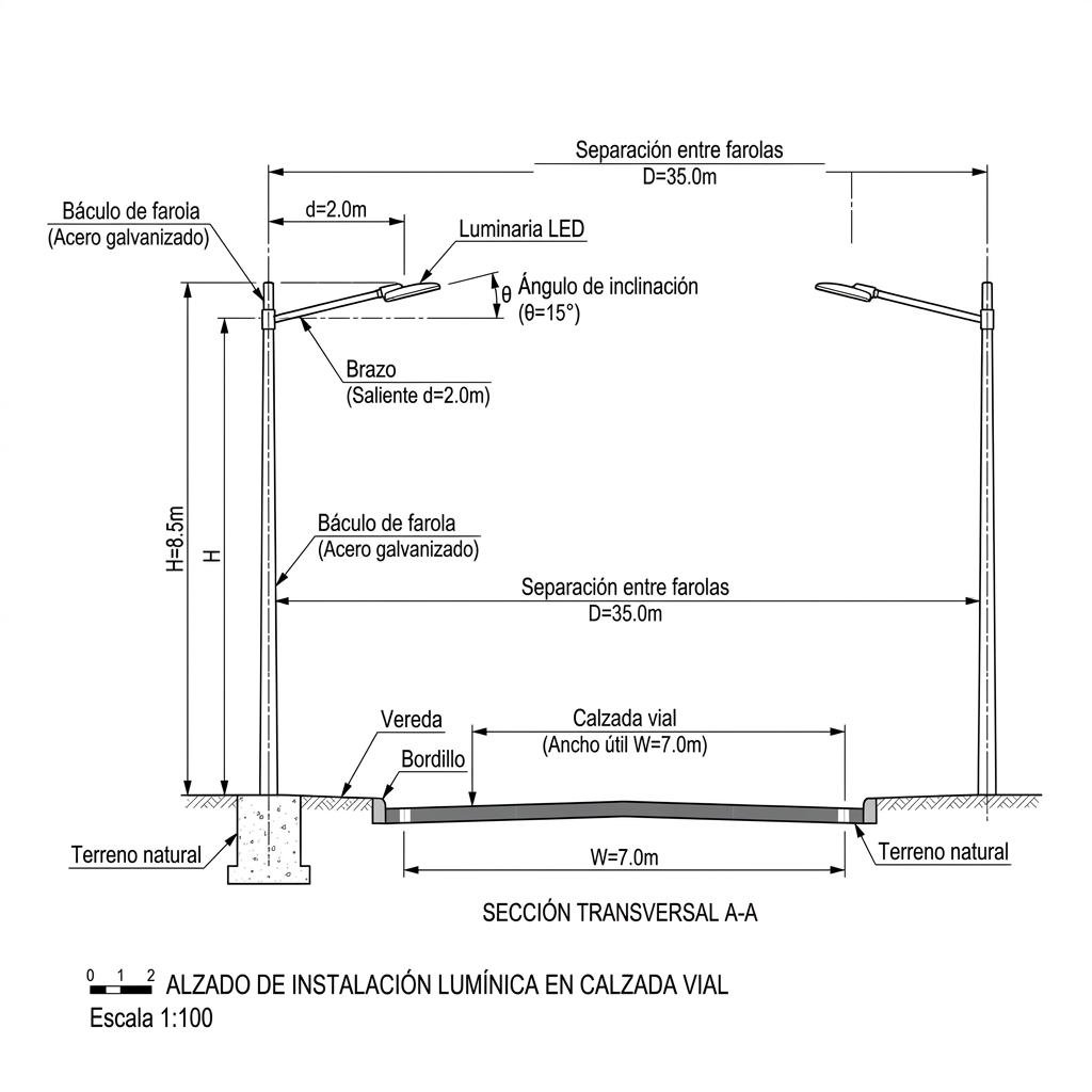 Esquema acotado de parámetros geométricos de alumbrado vial: altura, interdistancia, inclinación y ancho
