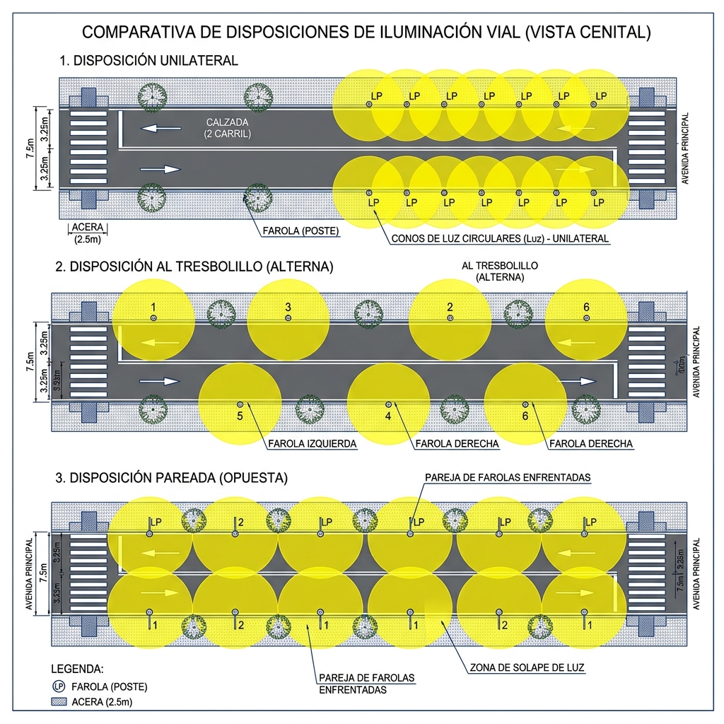Esquema cenital comparativo de distribuciones de alumbrado unilateral, tresbolillo y pareada