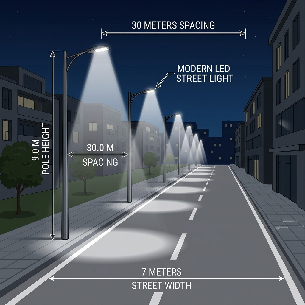 Esquema y representación 3D del diseño práctico de una calzada de 7m de ancho con farolas de 9m de altura