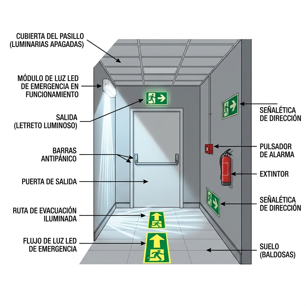 Esquema educativo de instalación de bloques autónomos de emergencia y señalización en pasillos de evacuación