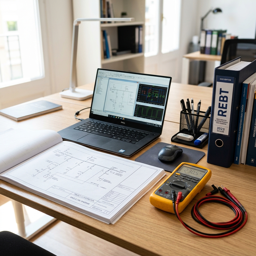 Mesa de trabajo de ingeniería eléctrica con planos, manuales del REBT y herramientas de oficina técnica