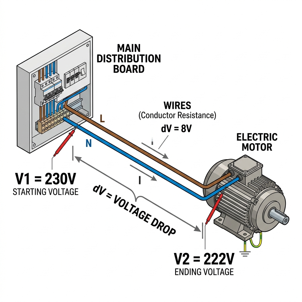 Esquema educativo de caída de tensión en un conductor largo alimentando un motor eléctrico