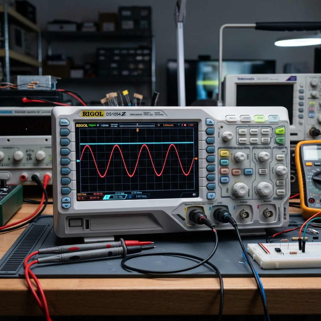 Pantalla de osciloscopio mostrando la onda sinusoidal de corriente alterna y la línea plana de corriente continua