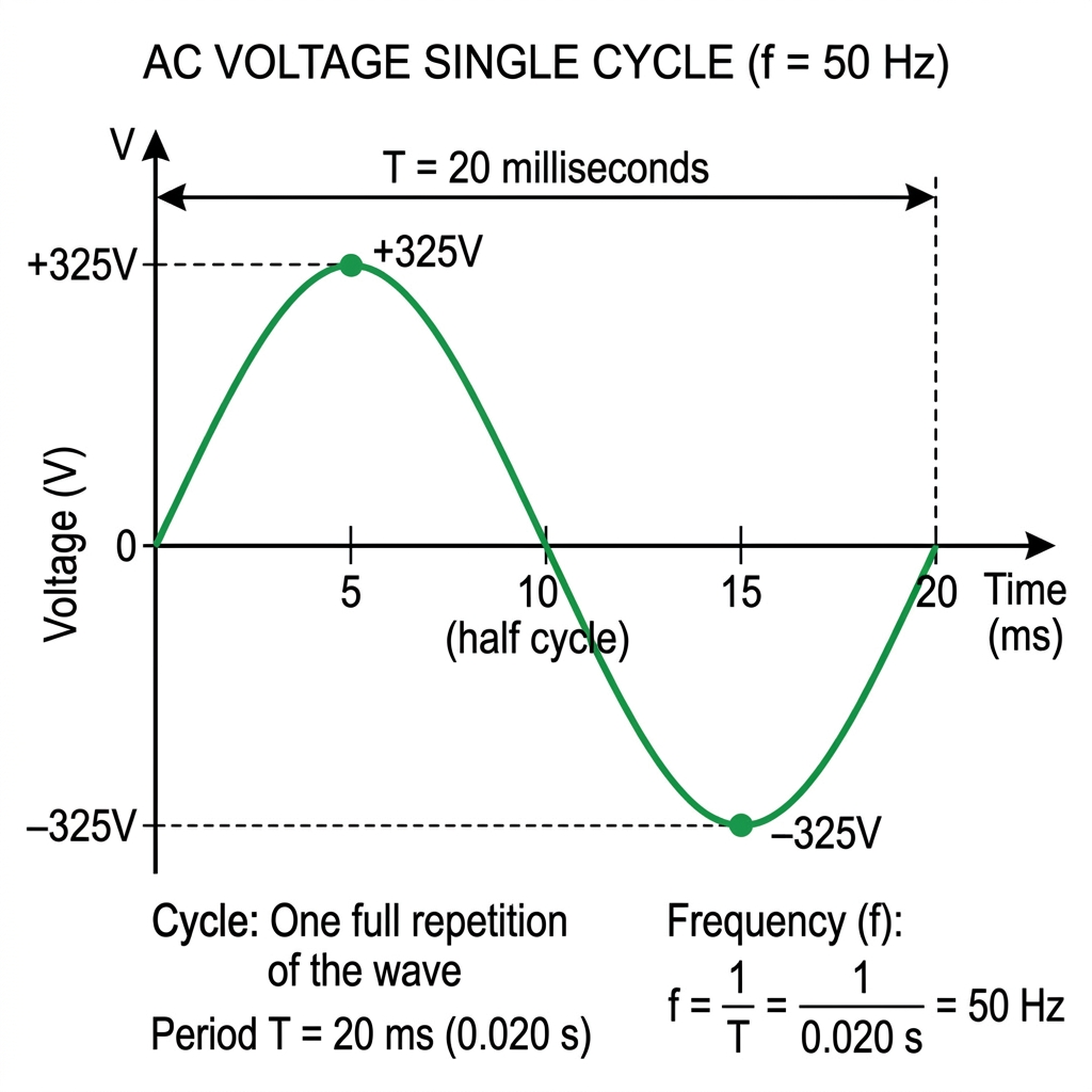 Esquema educativo de un ciclo sinusoidal de tensión alterna de 50Hz acotando el periodo de 20ms