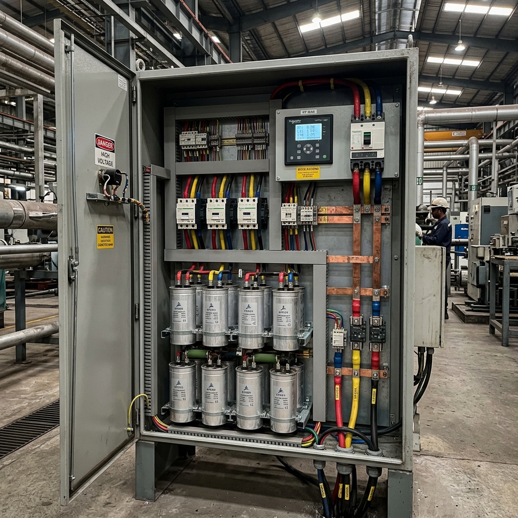 Armario eléctrico industrial con una batería de condensadores cilíndricos para corregir el factor de potencia