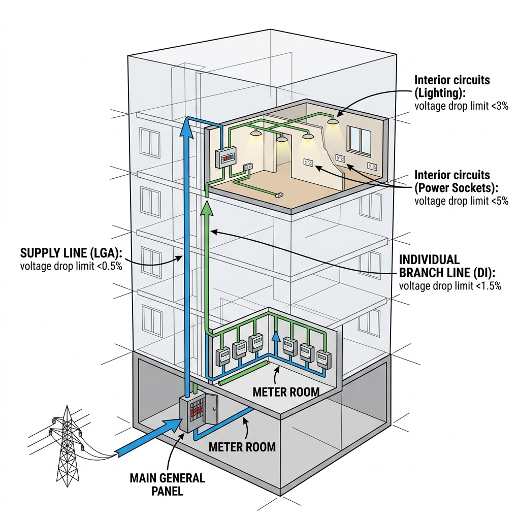 Esquema de distribución eléctrica de un edificio acotando los porcentajes máximos de caída de tensión del REBT