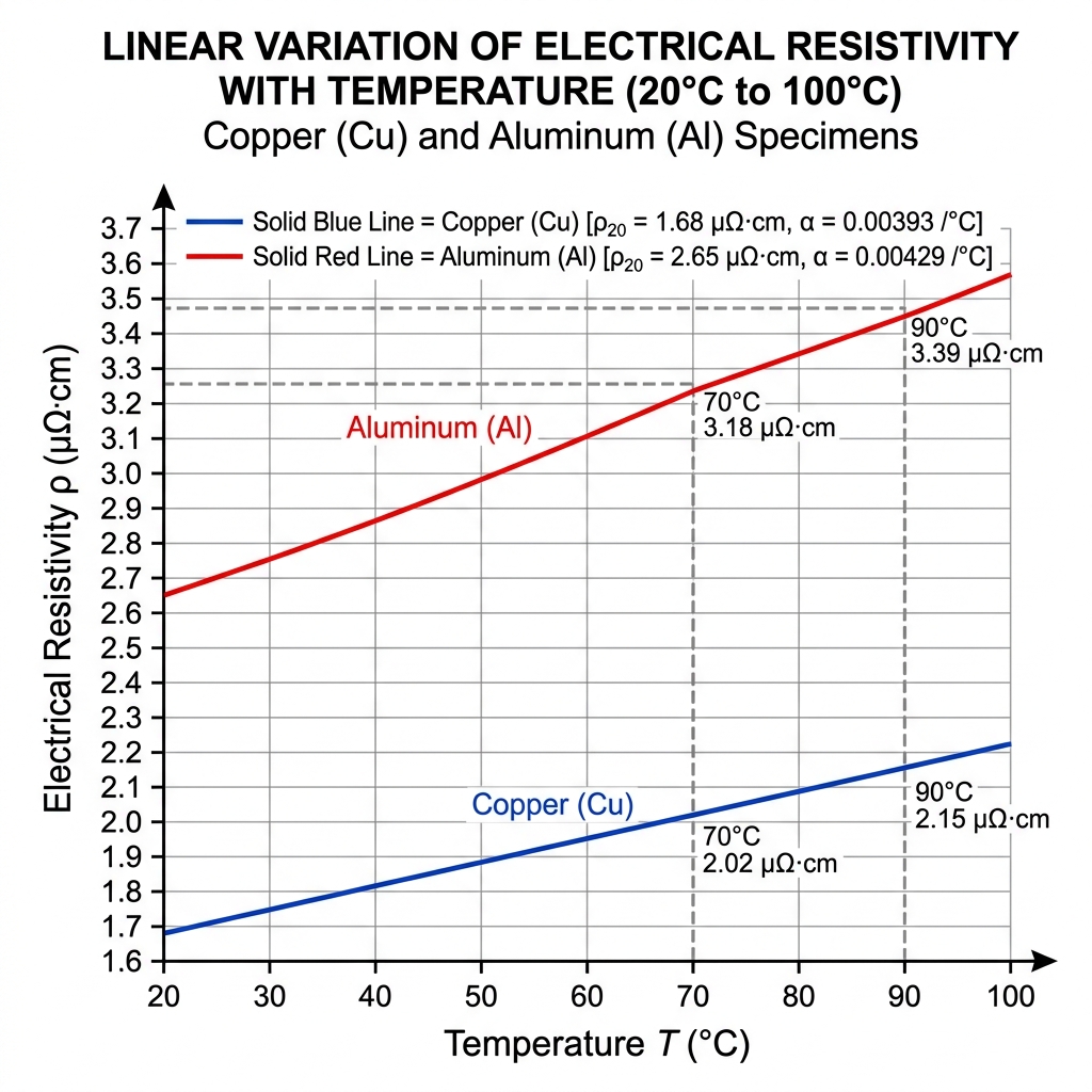 Gráfica de variación lineal de la resistividad eléctrica del cobre y aluminio frente a la temperatura