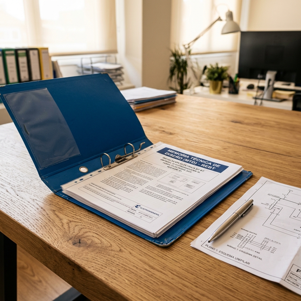Carpeta técnica y documentos de una Memoria Técnica de Diseño de baja tensión sobre mesa de trabajo
