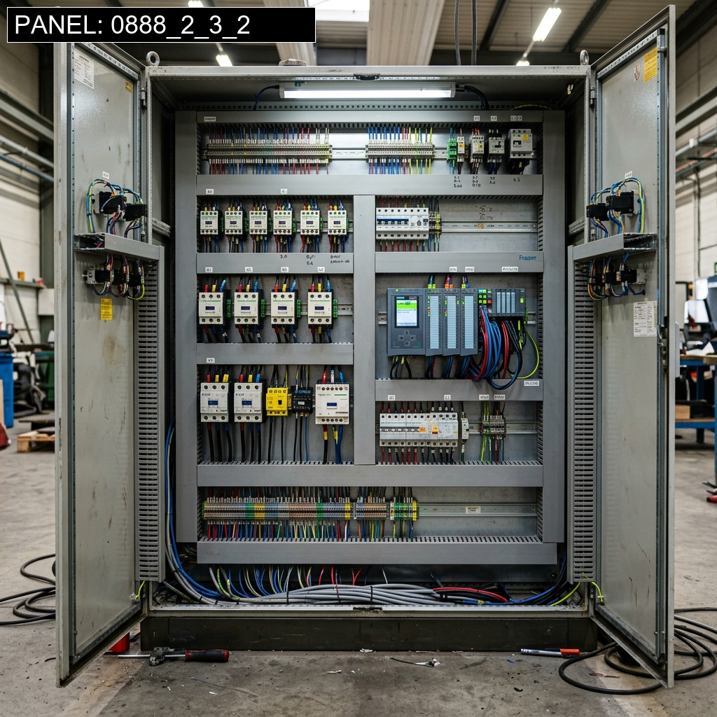 Fotografía realista de un ingeniero eléctrico con casco de seguridad y chaleco de alta visibilidad, inspeccionando un gran cuadro eléctrico industrial. El ingeniero sostiene una tablet que muestra un esquema de la instalación. El fondo es una sala técnica moderna, limpia y bien iluminada, con bandejas de cables y conductos visibles. La iluminación es profesional, destacando los detalles del cuadro y la concentración del operario. La imagen transmite profesionalismo y seguridad.