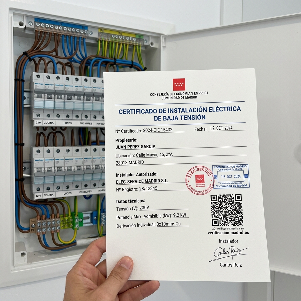 Documento oficial del Certificado de Instalación Eléctrica sobre fondo de cuadro eléctrico