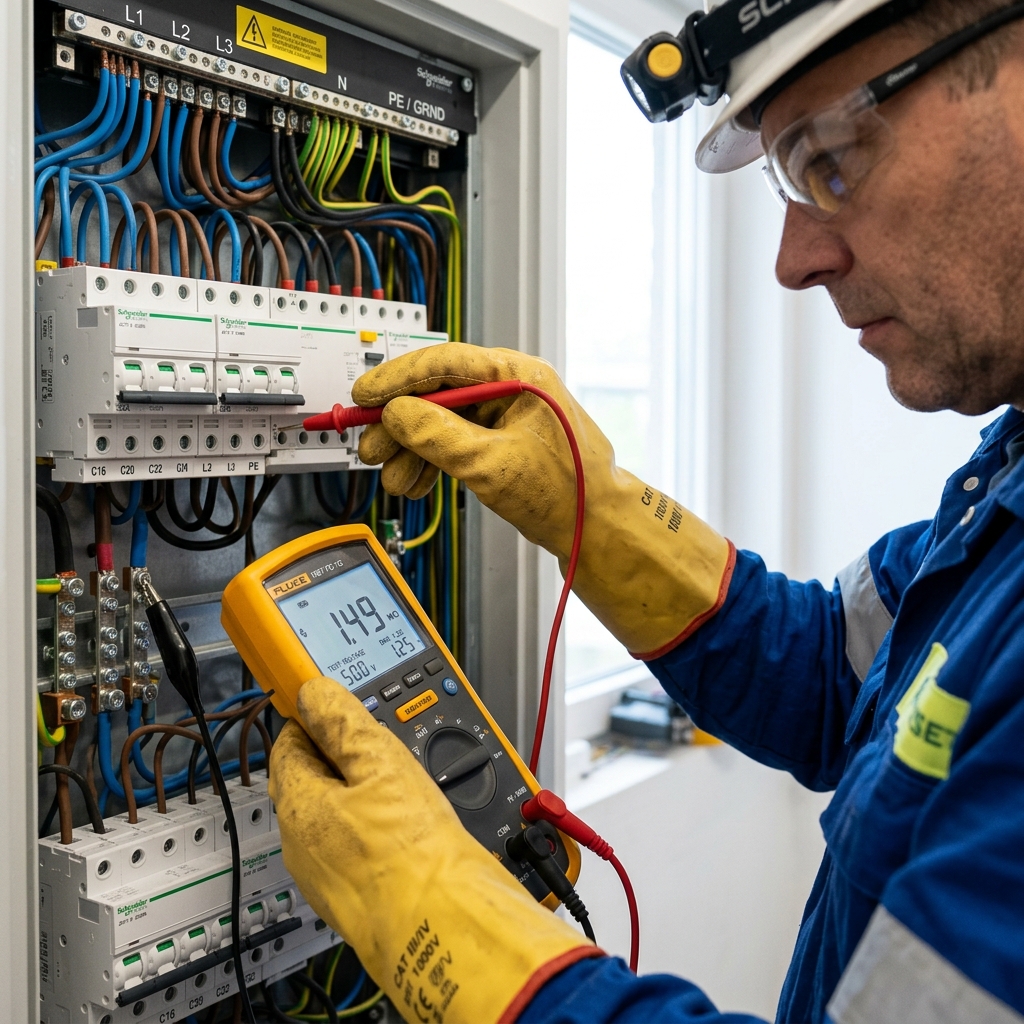 Electricista realizando mediciones en un cuadro eléctrico con guantes aislantes de seguridad