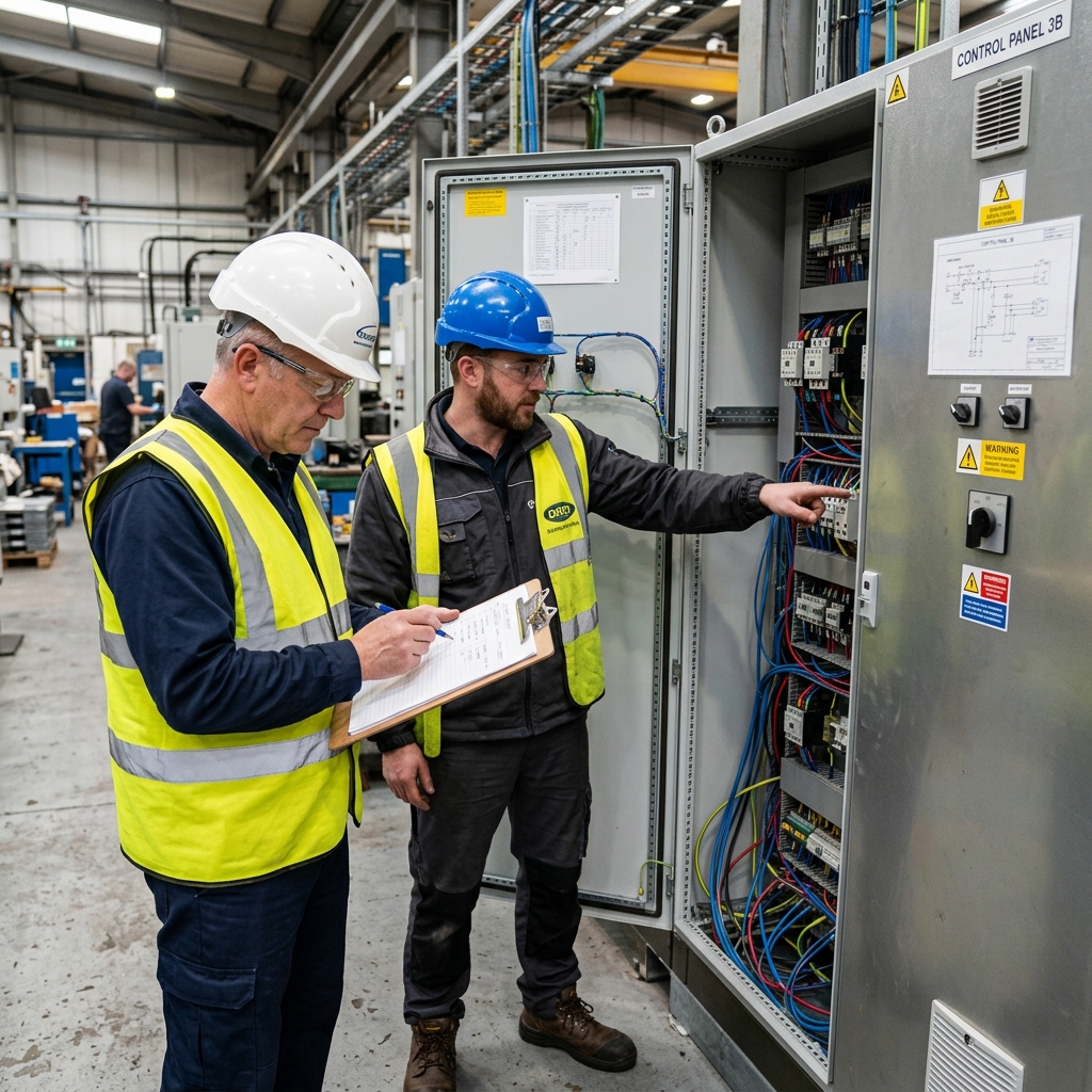Inspector de la OCA y electricista auditando un cuadro eléctrico de distribución industrial