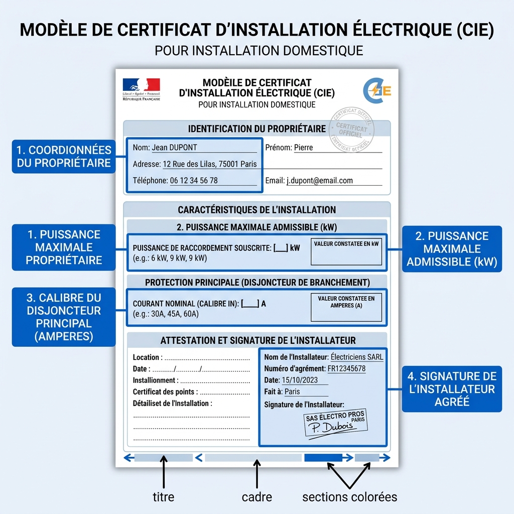 Esquema educativo de las partes y datos obligatorios del Certificado de Instalación Eléctrica