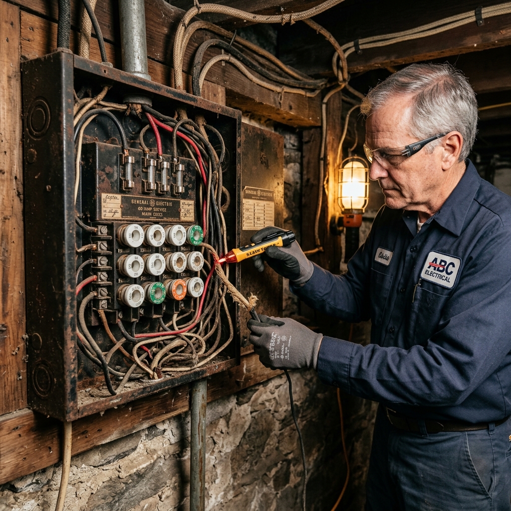 Cuadro eléctrico antiguo con fusibles obsoletos que requiere adecuación al REBT y nuevo boletín