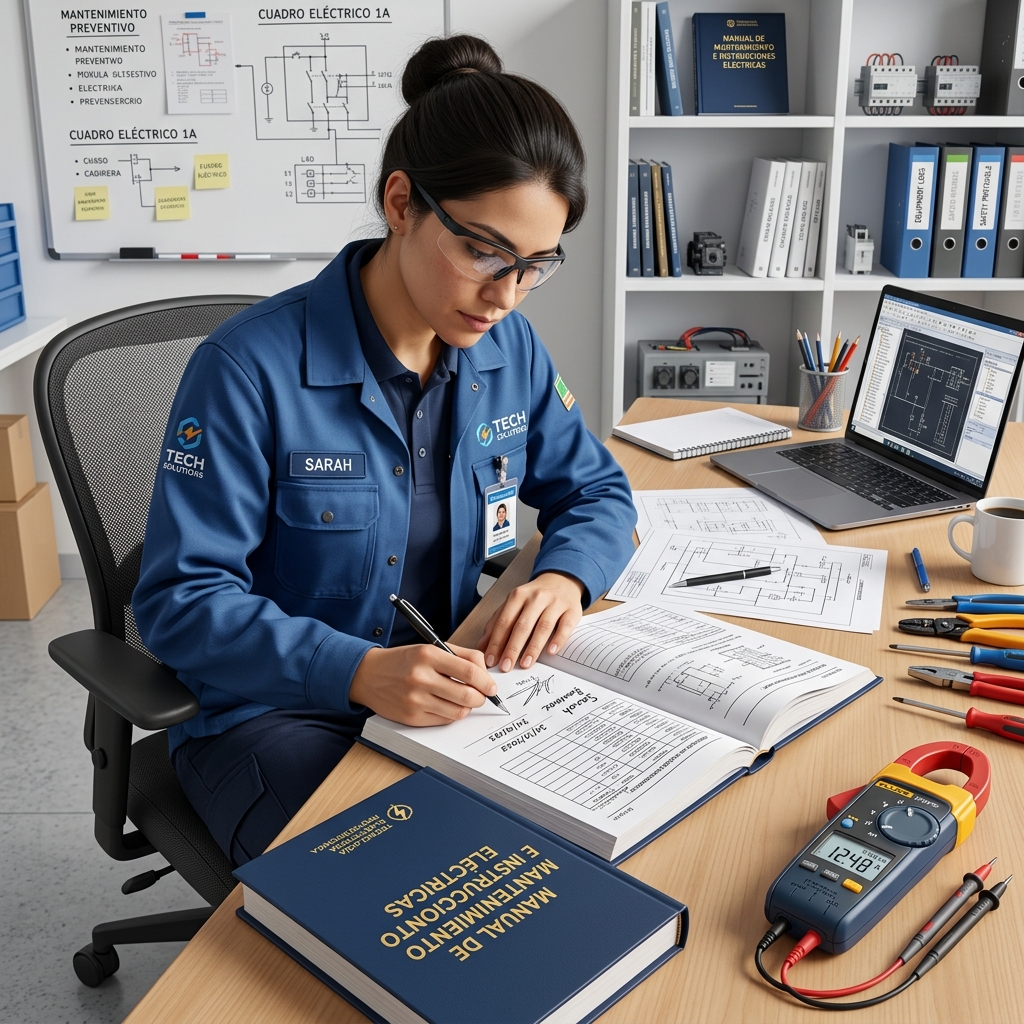 Técnico electricista rellenando y firmando el manual de instrucciones y libro de mantenimiento eléctrico oficial
