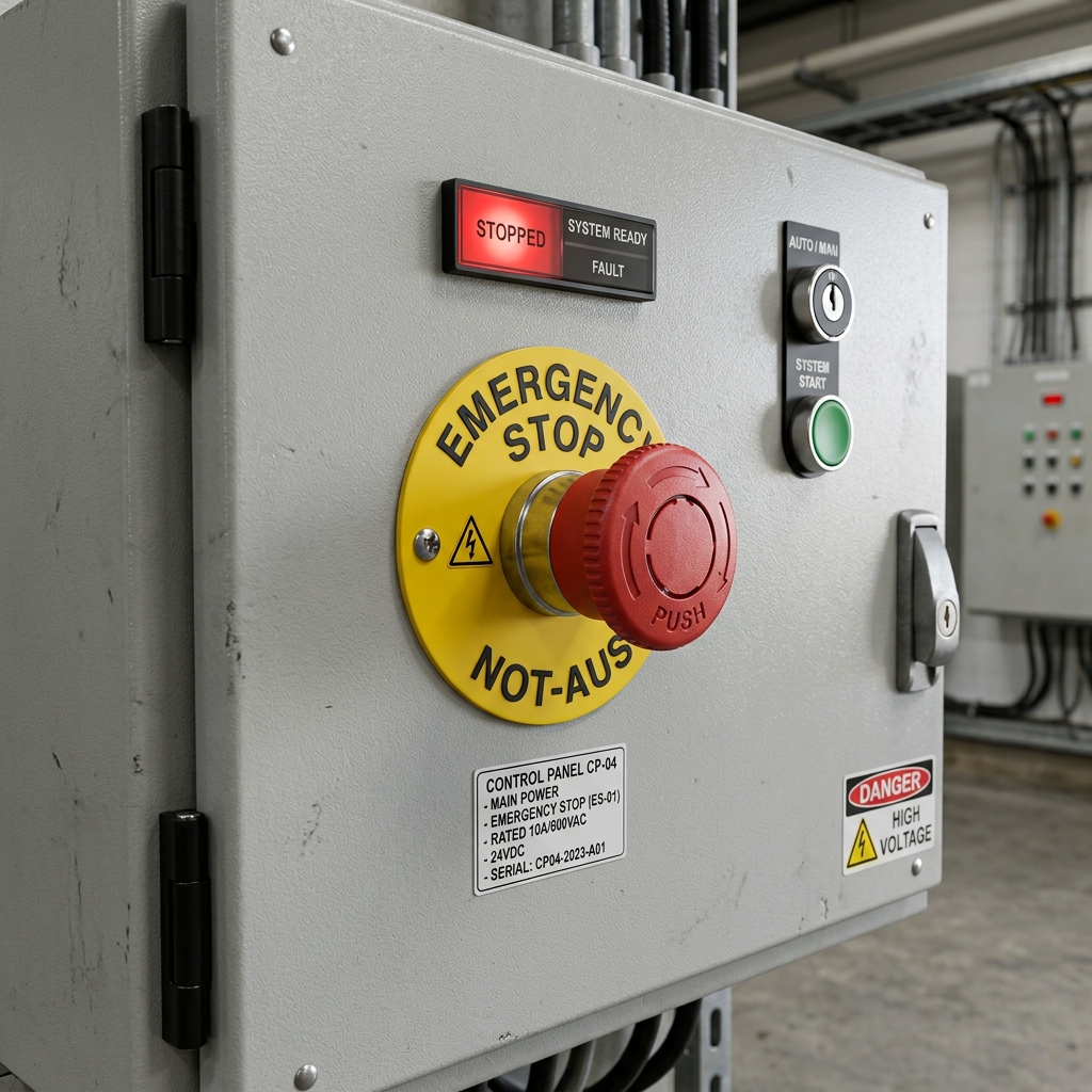 Pulsador de parada de emergencia en seta roja sobre envolvente metálica IP54 de un armario eléctrico
