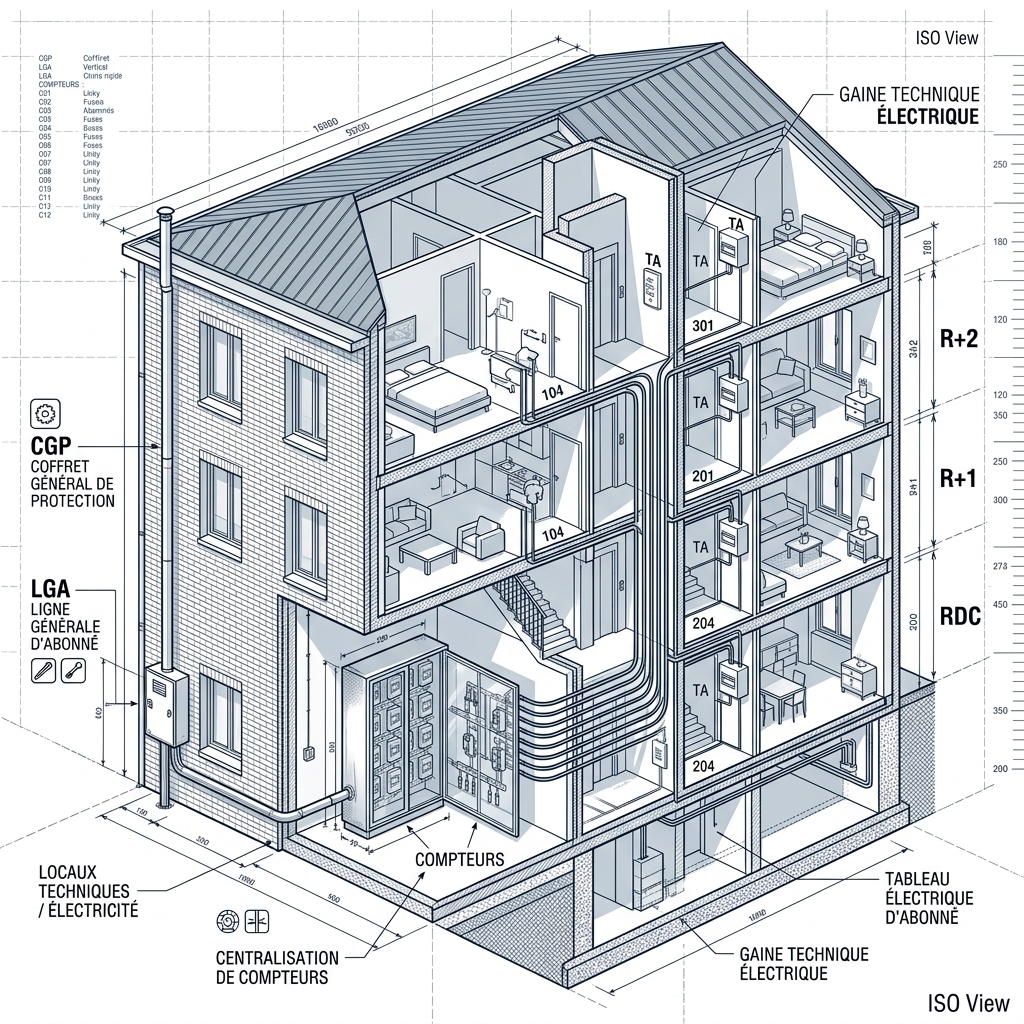 Corte 3D de la instalación de enlace de un edificio mostrando CGP, LGA y centralización de contadores