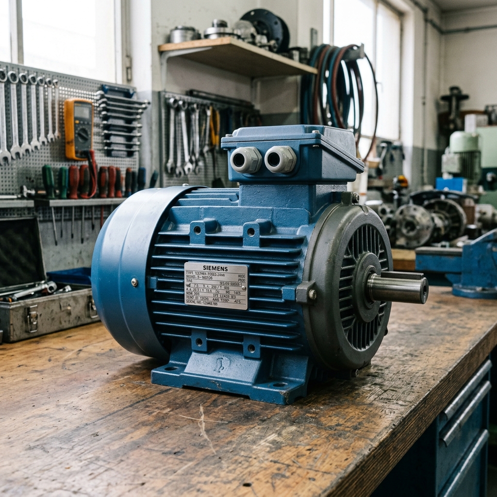 Motor eléctrico trifásico industrial azul con placa de características y caja de bornes visible