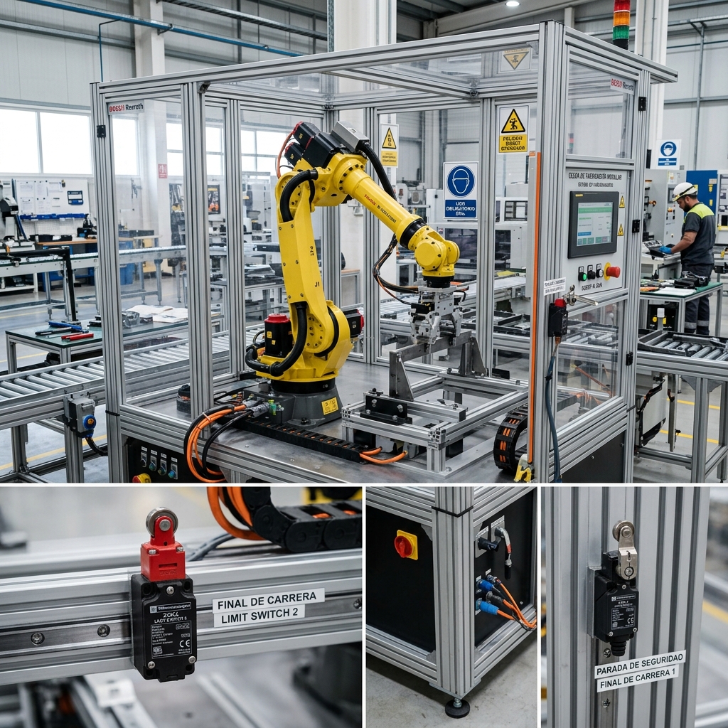 Fotografía realista de un técnico electricista enfocado en un gran cuadro eléctrico industrial abierto. Dentro del armario se ve un autómata programable (PLC) con luces de estado, contactores en carril DIN y un cableado de control estructurado. El operario tiene un portátil conectado al PLC, con una interfaz de programación visible en la pantalla, en un entorno de fábrica limpio y bien iluminado.