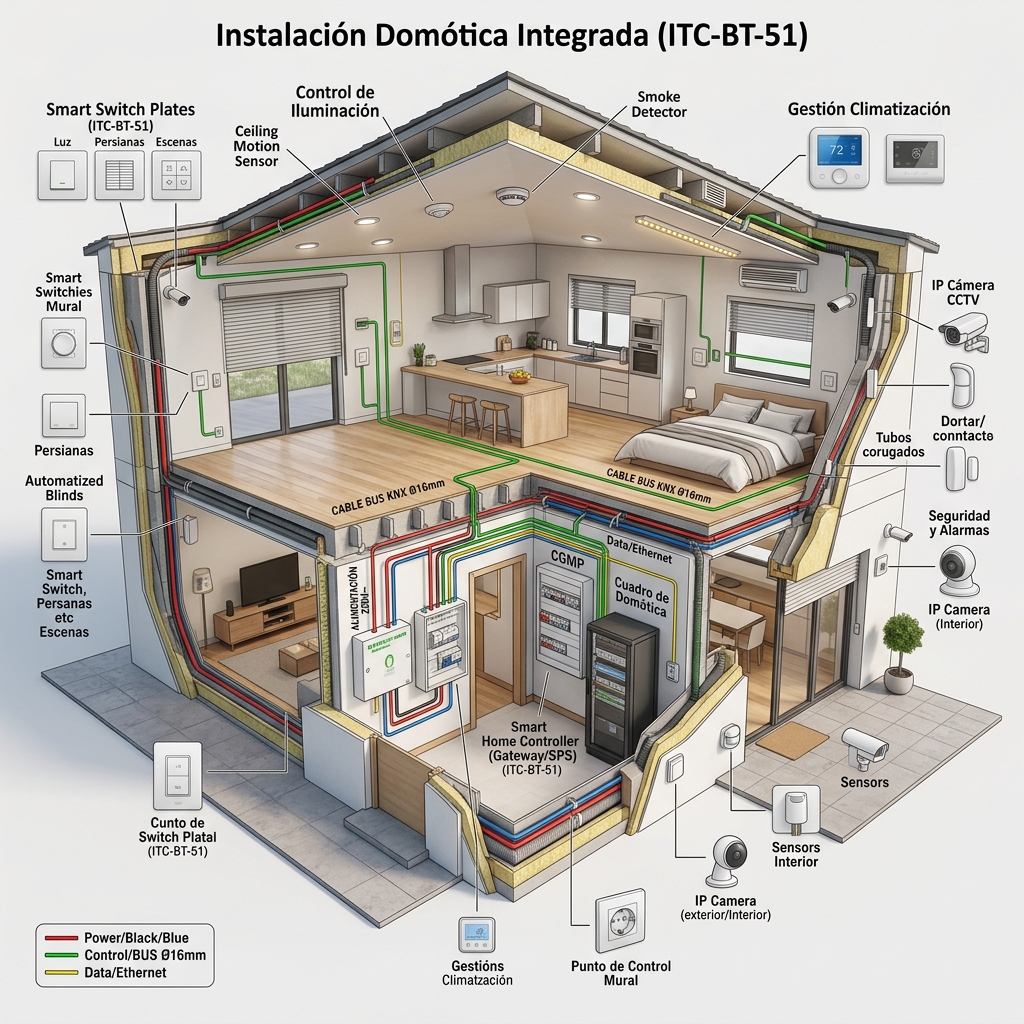 Fotografía realista de un técnico electricista profesional instalando un módulo domótico KNX en un cuadro eléctrico residencial. El cuadro está abierto, mostrando el carril DIN, interruptores automáticos y un denso pero ordenado cableado de colores. El técnico, con guantes de seguridad y herramientas, se enfoca en conectar el módulo. La iluminación es nítida, de taller, destacando los detalles técnicos del módulo y los cables. Fondo ligeramente desenfocado.