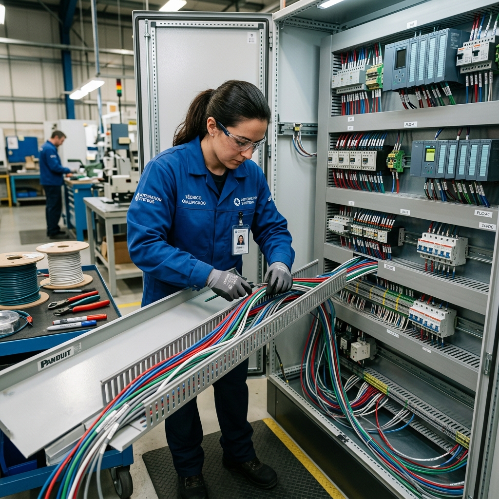 Fotografía realista de un técnico electricista cualificado, vistiendo equipo de protección individual, mientras instala y configura un panel de control domótico en la pared de un salón moderno. El panel muestra una interfaz gráfica y el técnico utiliza una tablet para la puesta en marcha, con cajas de herramientas abiertas en el suelo.