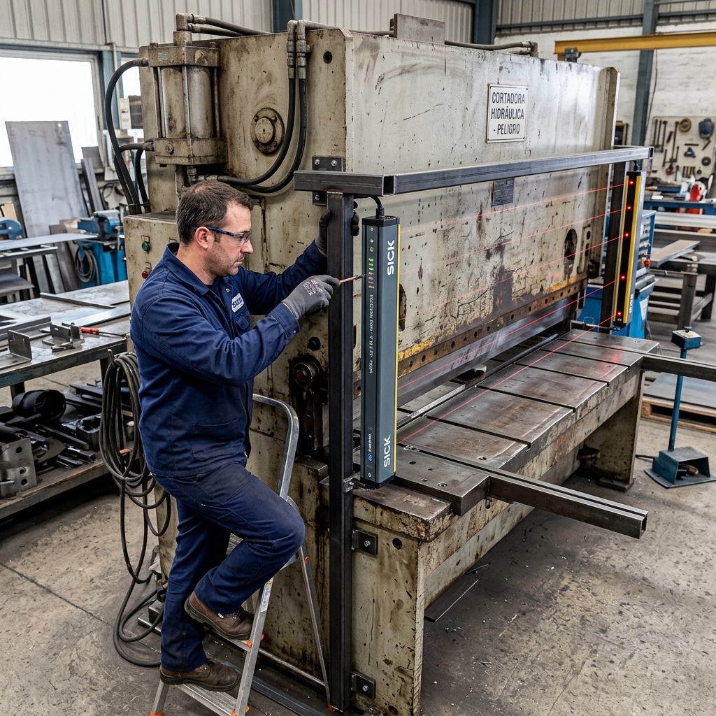 Fotografía realista industrial, primer plano extremo de un sensor inductivo cilíndrico de acero inoxidable, completamente cubierto de un líquido refrigerante blanquecino y virutas metálicas brillantes. El sensor está montado en una máquina CNC, y al fondo, desenfocado, se intuye una herramienta de corte girando a alta velocidad y generando una densa nube de vapor. Iluminación cinematográfica y dramática que resalta las texturas del metal y el aceite. Atmósfera de entorno de mecanizado pesado y hostil.