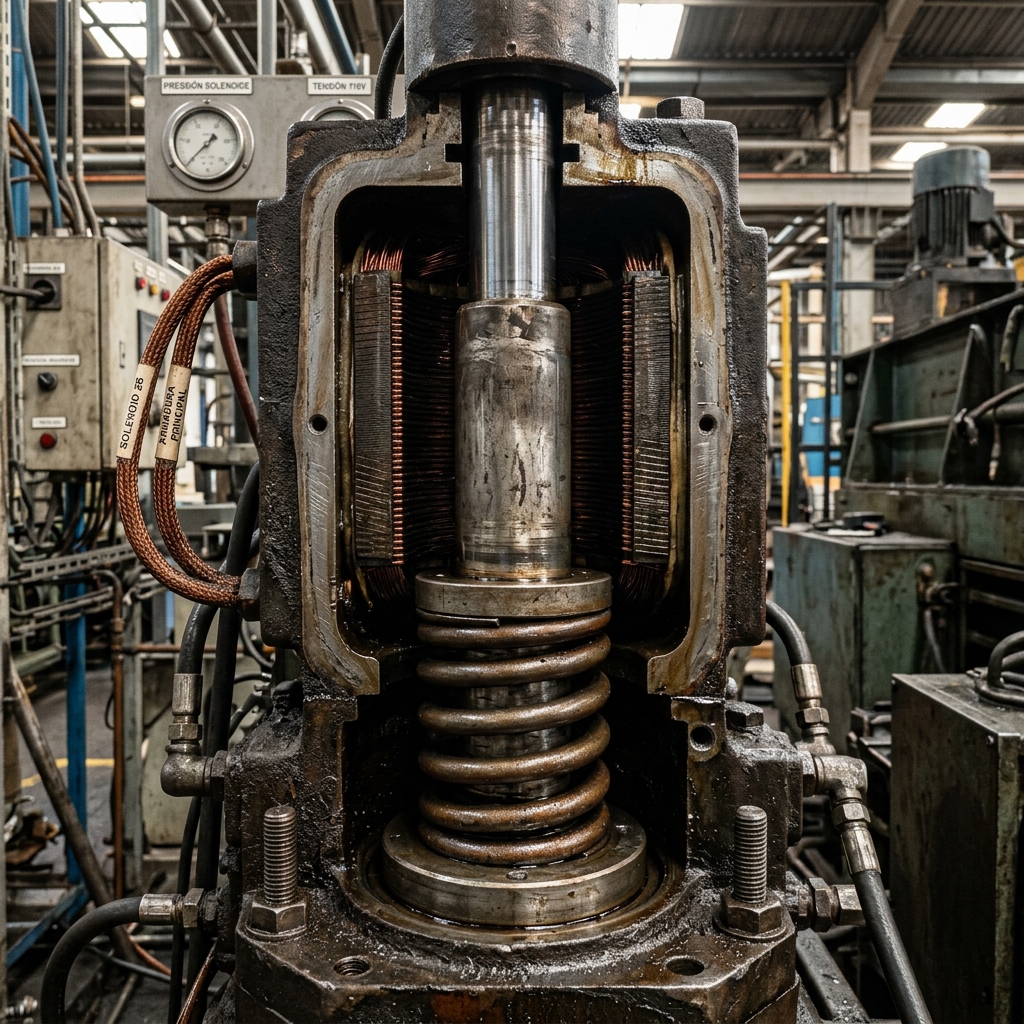 Fotografía realista industrial, primer plano de un colector de electroválvulas neumáticas montado en una máquina automatizada. Se aprecian varios solenoides con sus bobinas negras y conectores eléctricos con LEDs de estado encendidos. Múltiples tubos de poliuretano de colores para el aire comprimido entran y salen de las válvulas. El fondo muestra una estructura de aluminio y partes de la máquina desenfocadas. Iluminación de taller, alto nivel de detalle en las texturas metálicas y plásticas.