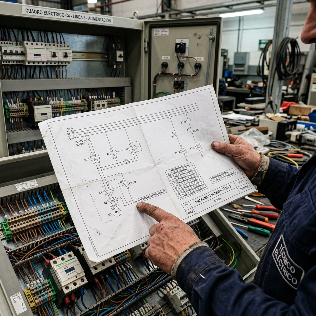 Fotografía realista industrial de un técnico de mantenimiento vistiendo EPI completo (casco, gafas), de pie frente a un armario eléctrico abierto de un Centro de Control de Motores (CCM). El técnico sostiene un plano impreso en una mano y con la otra señala un contactor en el carril DIN, comparando el esquema con la instalación real. La iluminación es funcional y la atmósfera de una planta industrial.
