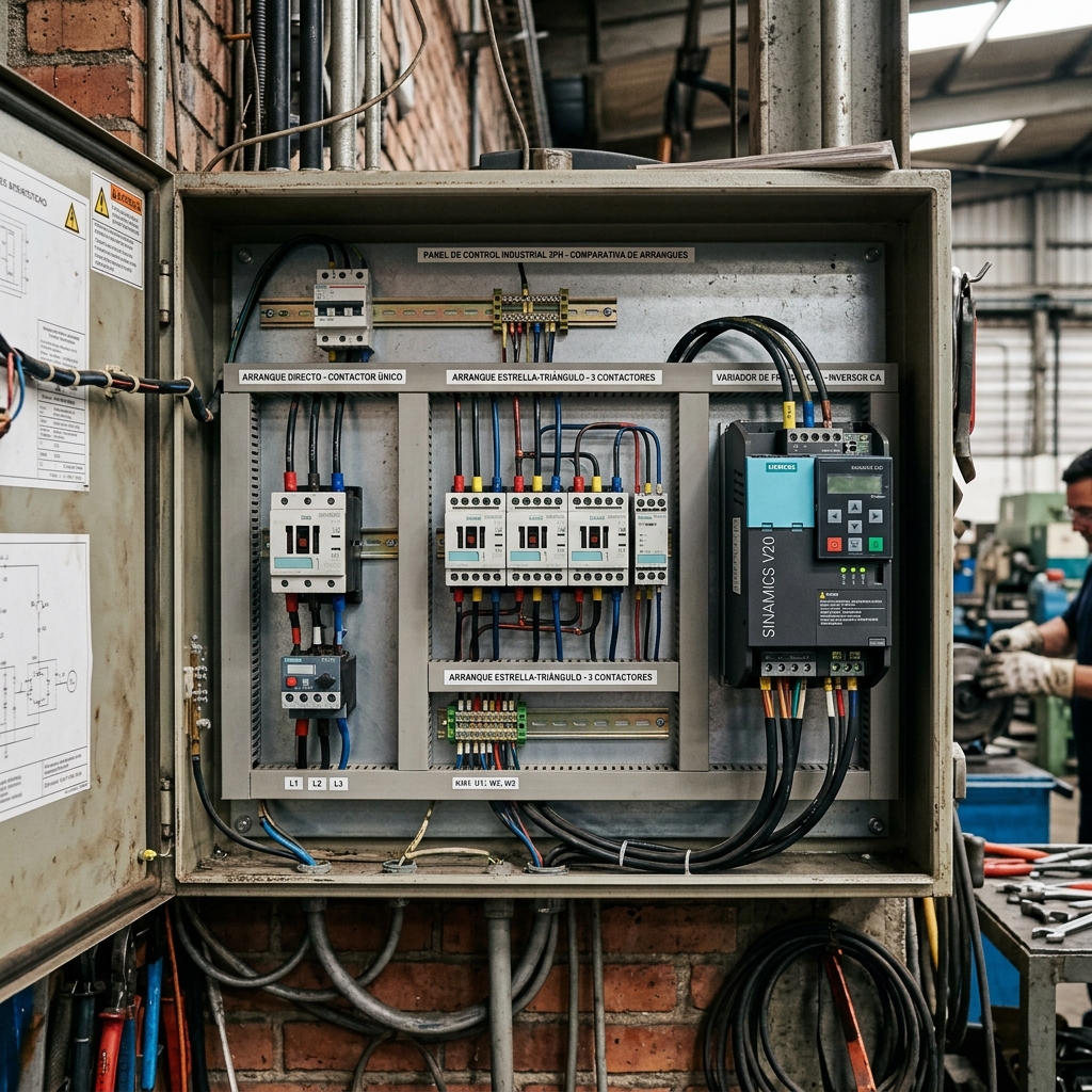 Fotografía realista industrial de un operario cualificado frente a un cuadro eléctrico abierto, pulsando el botón de arranque. En el interior del cuadro se ven claramente un contactor magnético trifásico y un relé térmico. El fondo muestra un motor de inducción grande acoplado a una cinta transportadora. La iluminación es nítida y funcional, destacando los detalles técnicos.