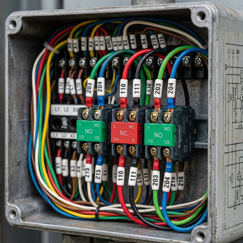 Fotografía realista industrial de un técnico electricista con guantes de seguridad, montando un panel de control. El enfoque está en sus manos conectando un cable azul delgado al terminal A1 de la bobina de un contactor electromecánico. En la puerta del panel, se ven claramente un pulsador verde ('Marcha') y uno rojo ('Paro'). La iluminación es brillante y funcional, destacando los componentes y el cableado ordenado del armario eléctrico.