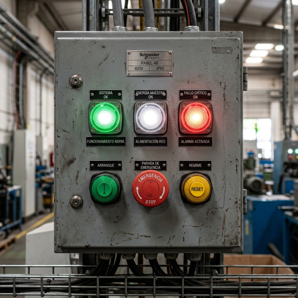 Fotografía realista de un electricista de mantenimiento concentrado, trabajando en el interior de un cuadro eléctrico industrial abierto. Se aprecian claramente contactores, relés auxiliares y un temporizador electrónico montados en un carril DIN, con un cableado denso pero ordenado. La iluminación es funcional y resalta los detalles técnicos de los componentes y las manos del operario.