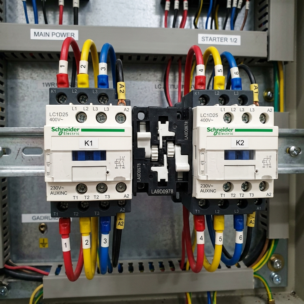 Fotografía realista industrial de un electricista cualificado trabajando en un cuadro eléctrico de control. El cuadro está abierto, mostrando dos contactores, un relé térmico y clemas de conexión para un motor trifásico. El operario, con equipo de protección, está realizando una conexión con un destornillador aislado. El ambiente es un taller industrial con el motor visible en segundo plano, iluminación funcional y alto nivel de detalle.